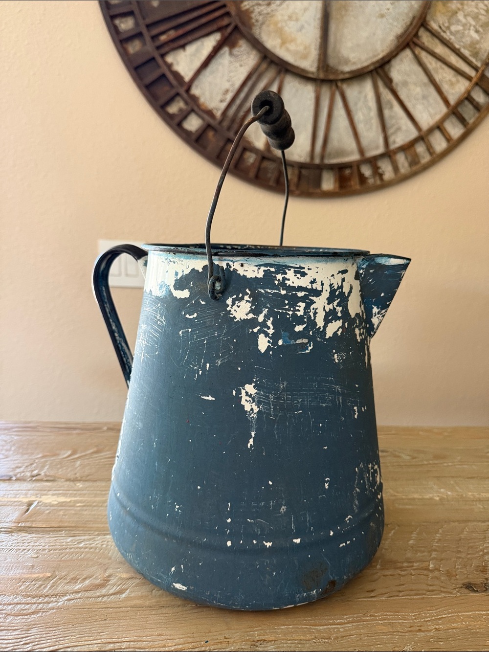 Rustic Blue Distressed Metal Enamel Pitcher with Handle